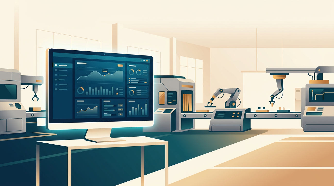 a clean, futuristic manufacturing facility with a computer screen showing a stable operating system interface, no logos, cool blue tones
