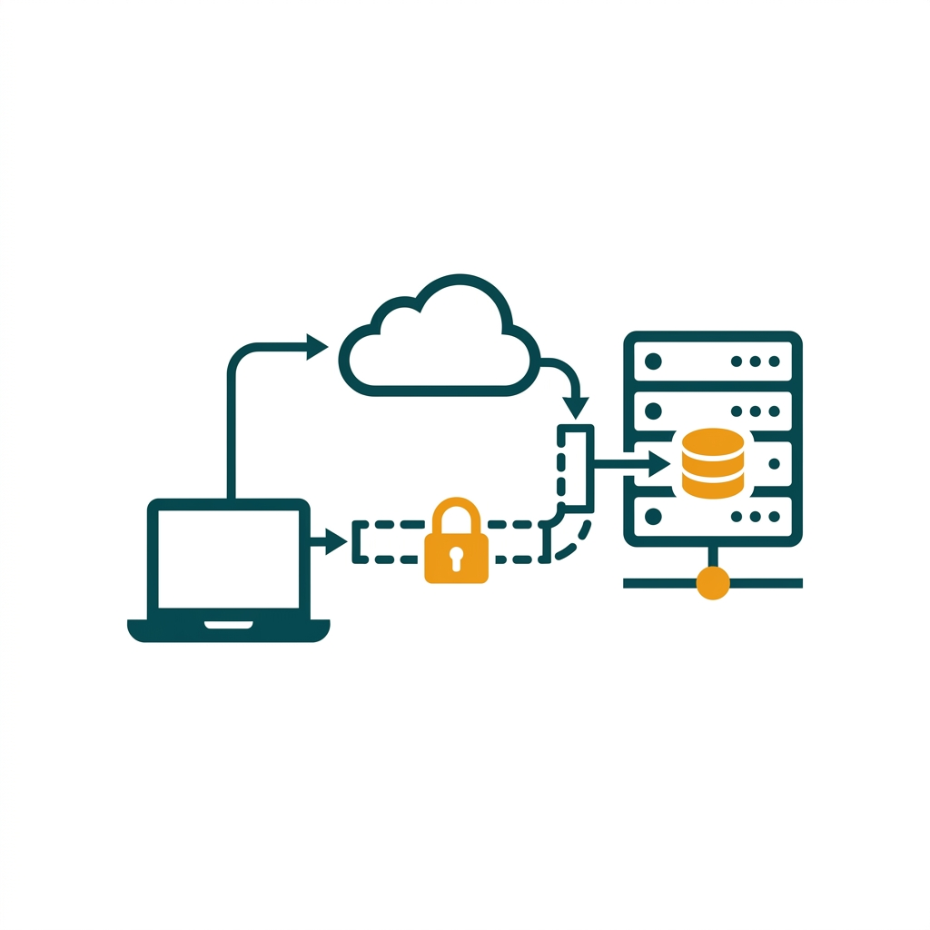 a simplified network diagram showing a secure remote connection to a central server