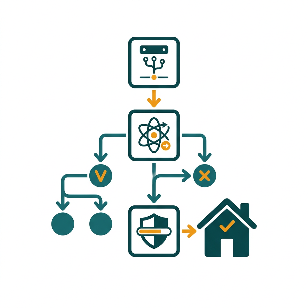 a flowchart icon showing a managed deployment process for software updates