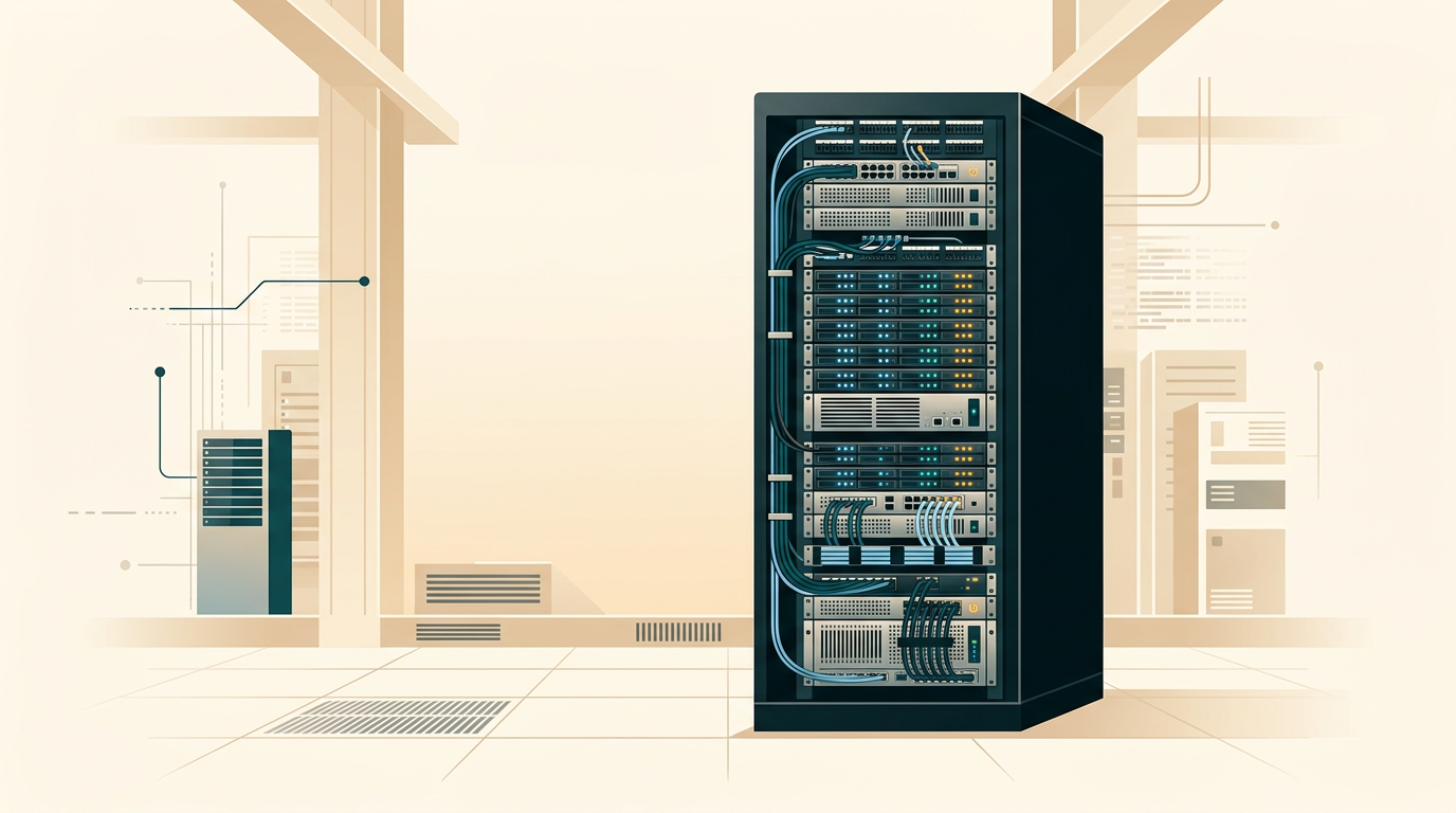 a clean server rack with blinking LED lights in a data center, representing stability and enterprise infrastructure, cool blue tones