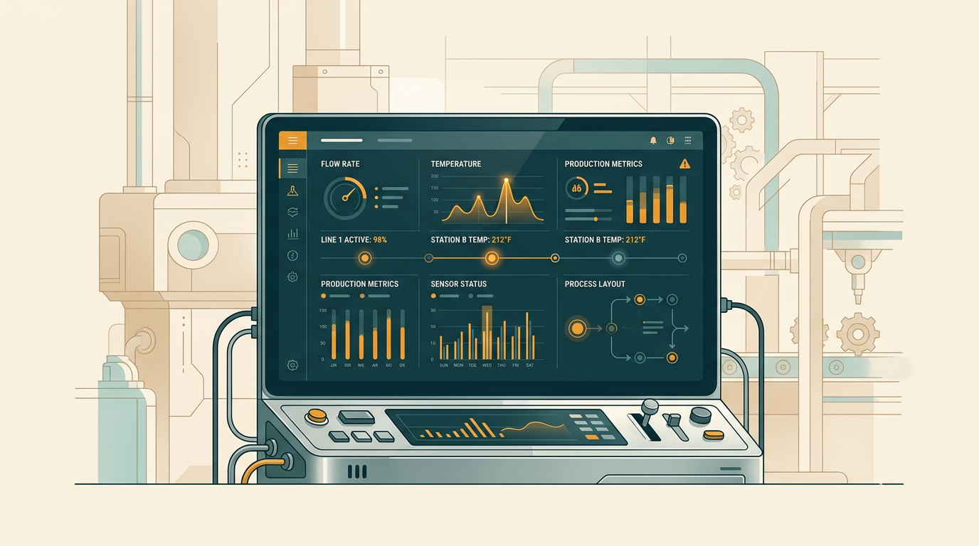 a modern factory control panel screen showing a clean user interface for industrial automation, high-tech and precise