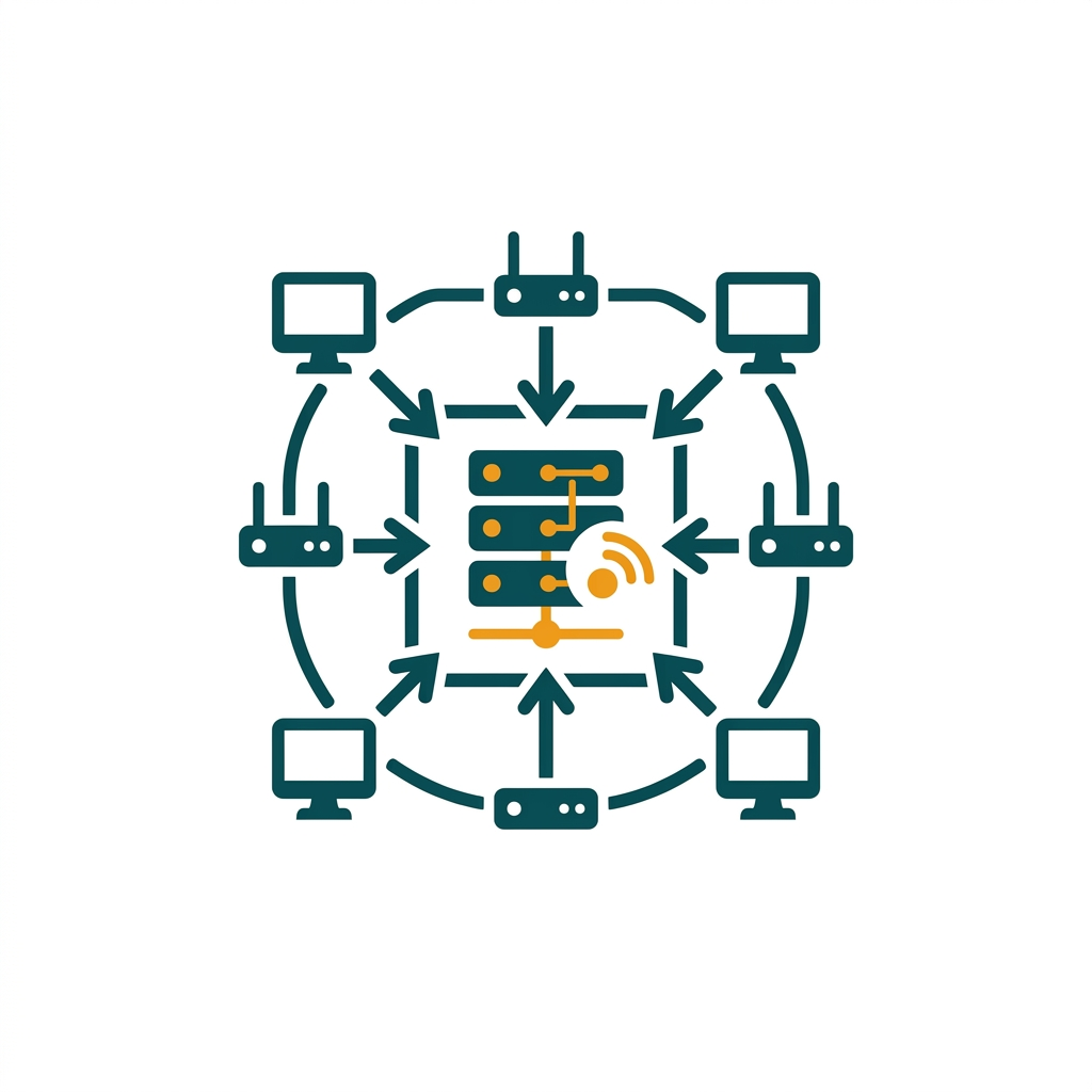 a network icon with arrows pointing to a central server, representing remote access