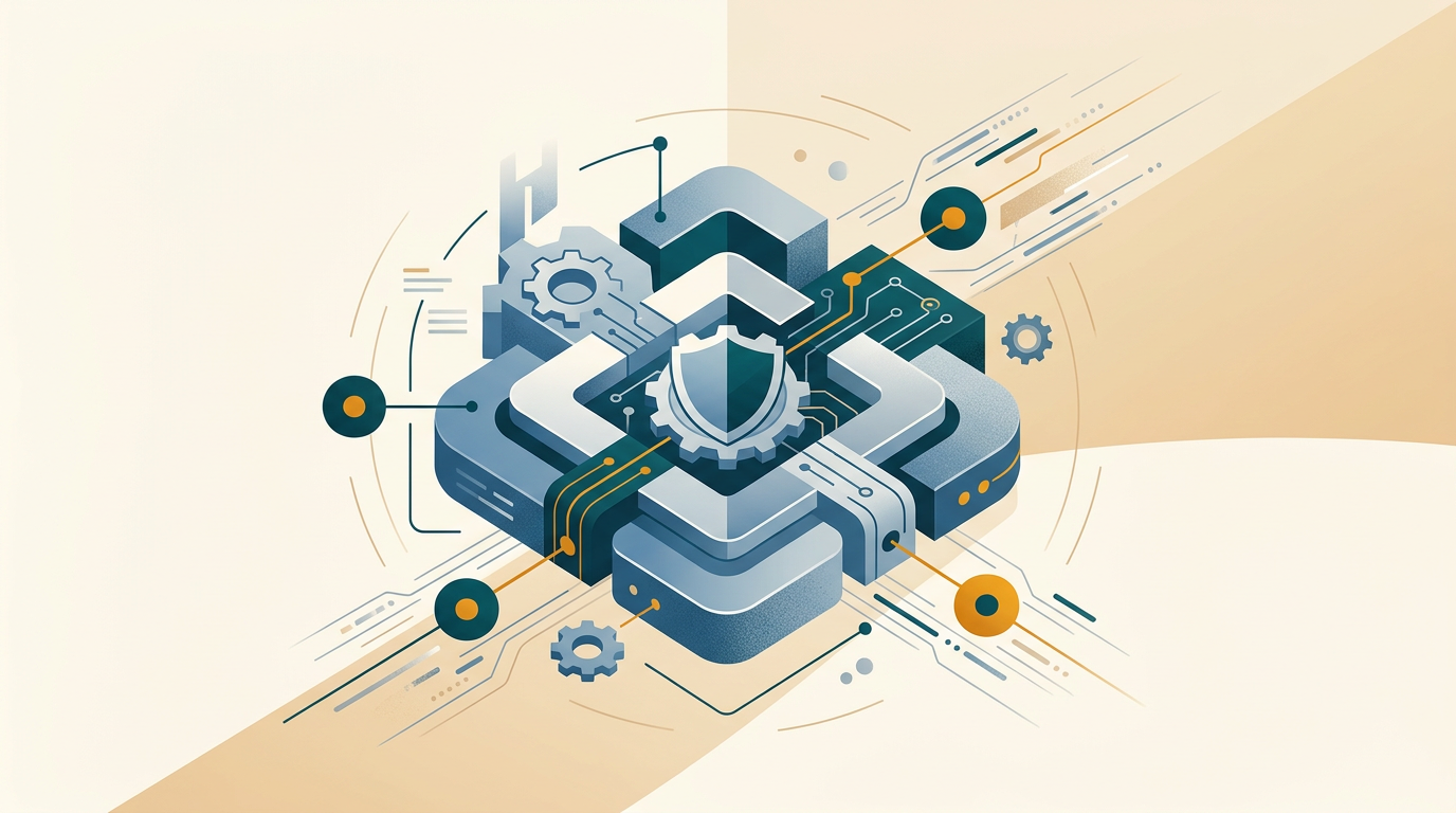 a stylized, abstract visualization of a secure and stable computer operating system core, with interlocking geometric shapes in blue and grey tones