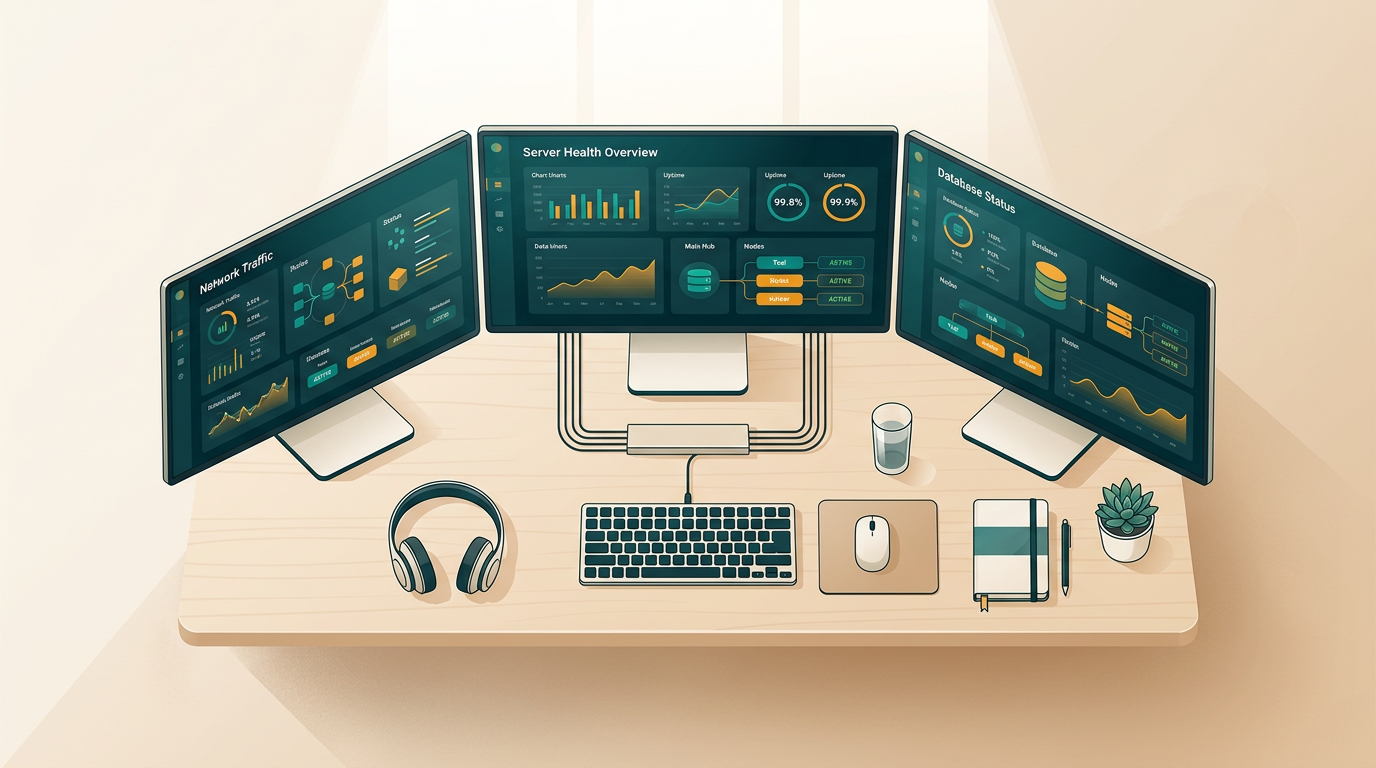 an overhead shot of an IT administrator's desk with multiple monitors displaying system health dashboards and server status, clean and professional setting
