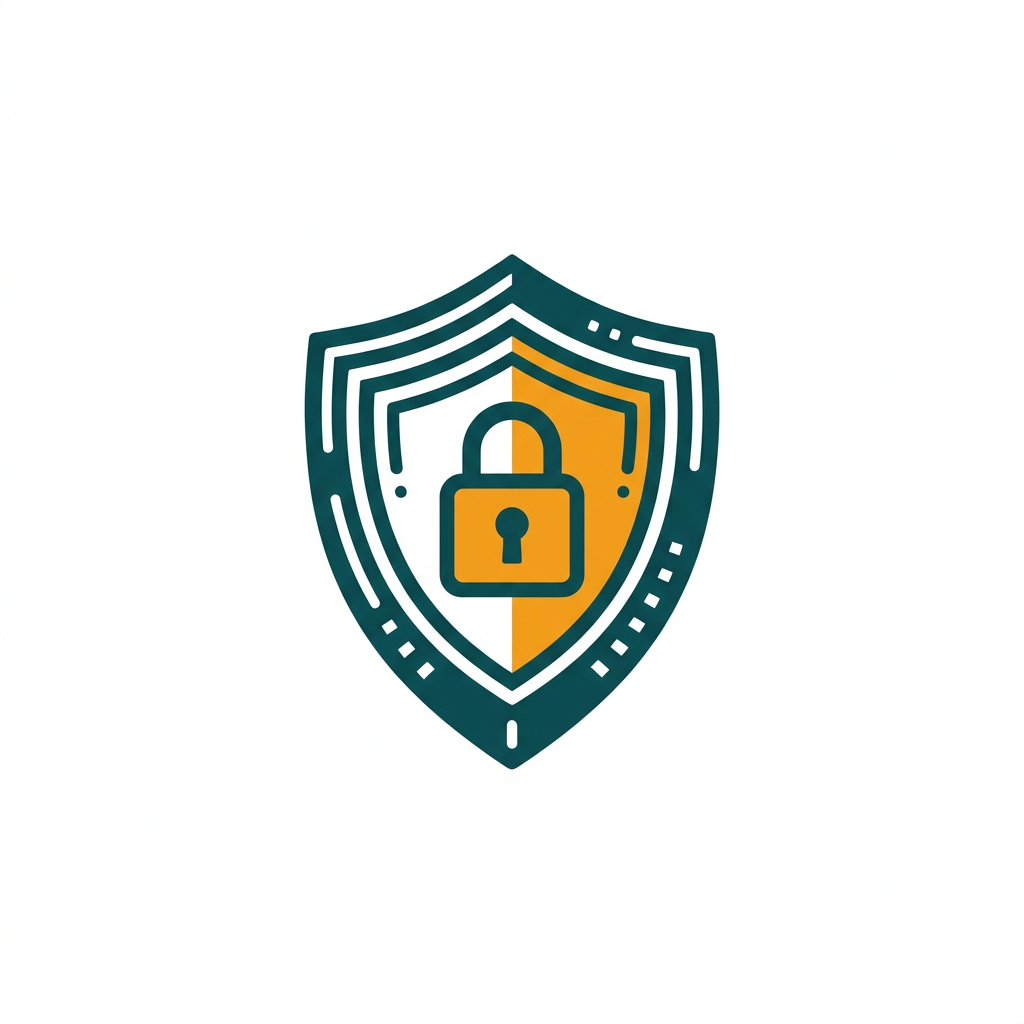 a digital shield icon with a padlock in the center, glowing lines