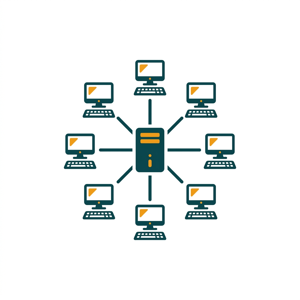 a network diagram showing a central server connected to multiple workstations