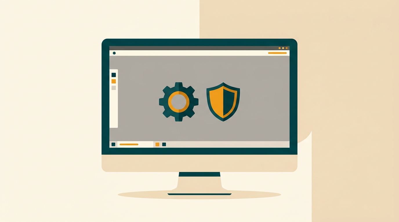 a clean, minimalist desktop computer screen showing a simple operating system interface, with a gear and shield icon symbolizing stability and security, neutral gray background