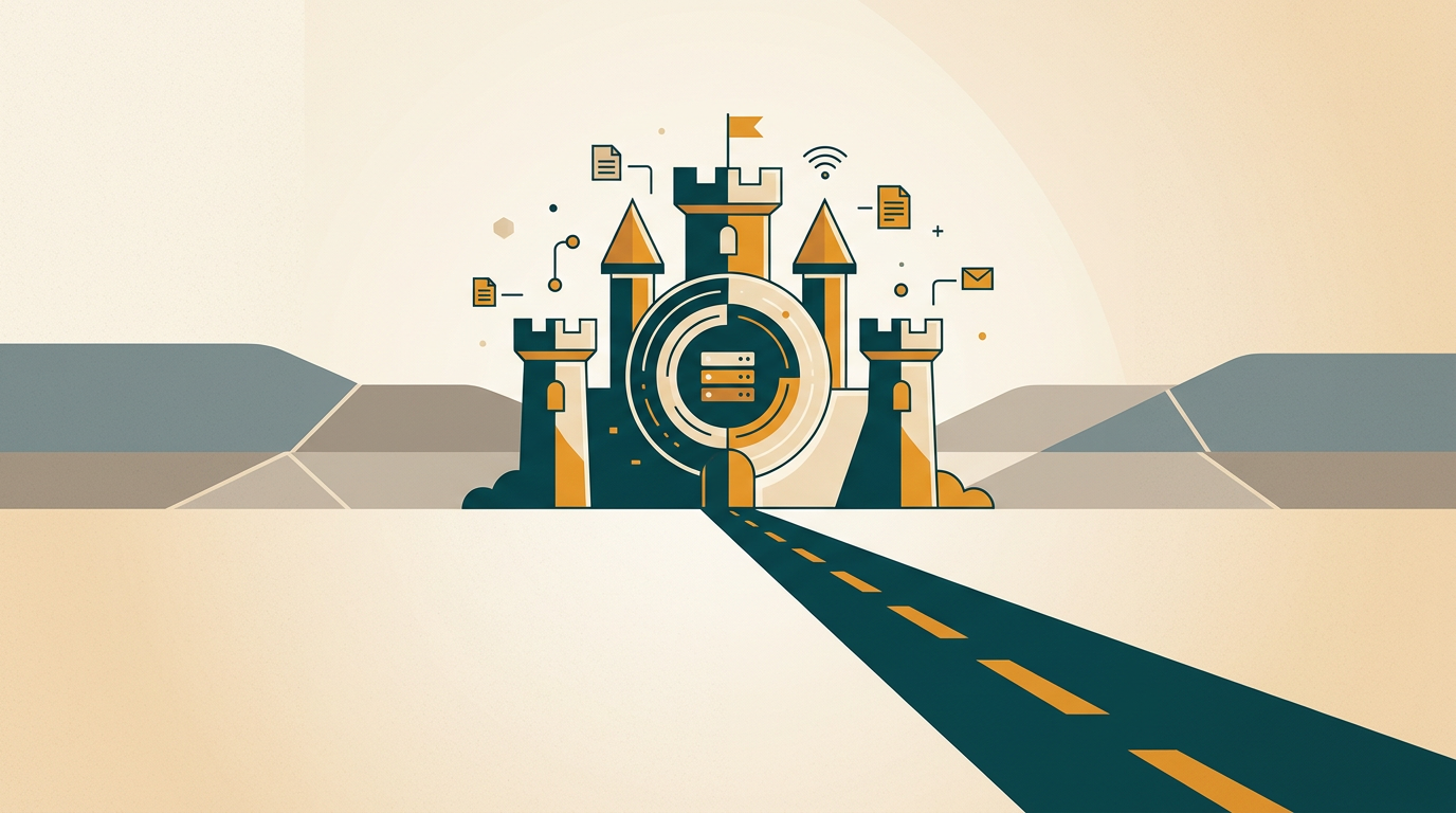 a digital fortress icon with a long, straight road leading to it, symbolizing a long-term, secure path for an operating system