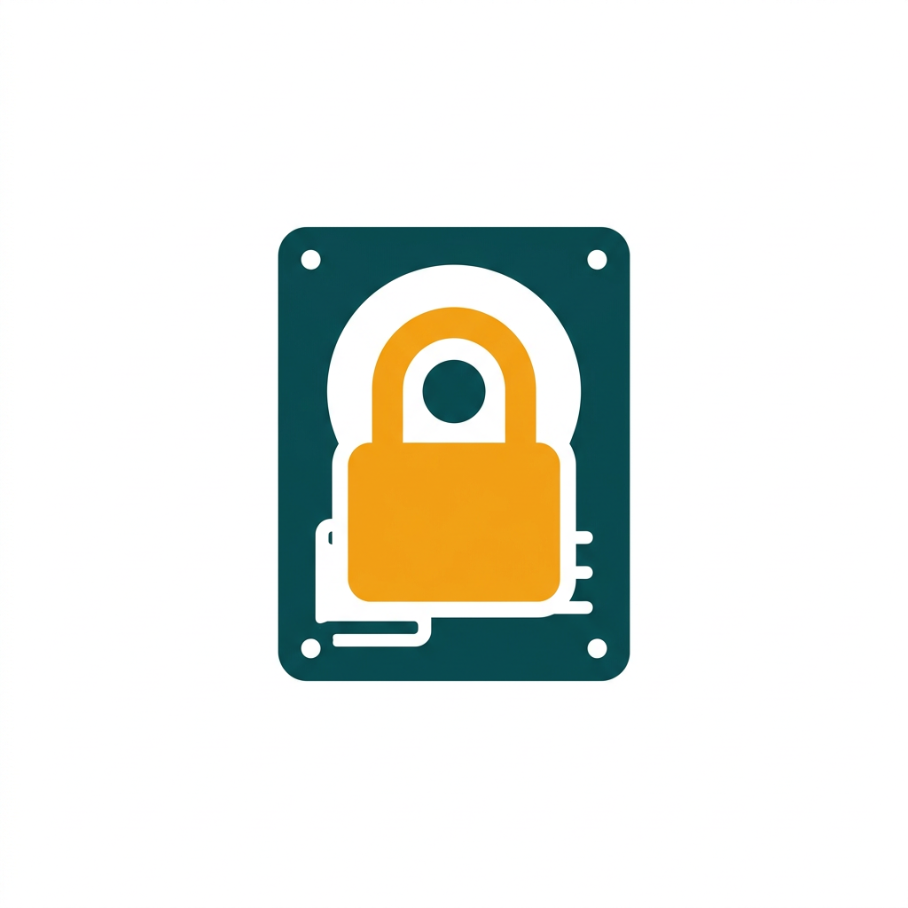 a hard drive icon with a strong golden lock on it, symbolizing data encryption