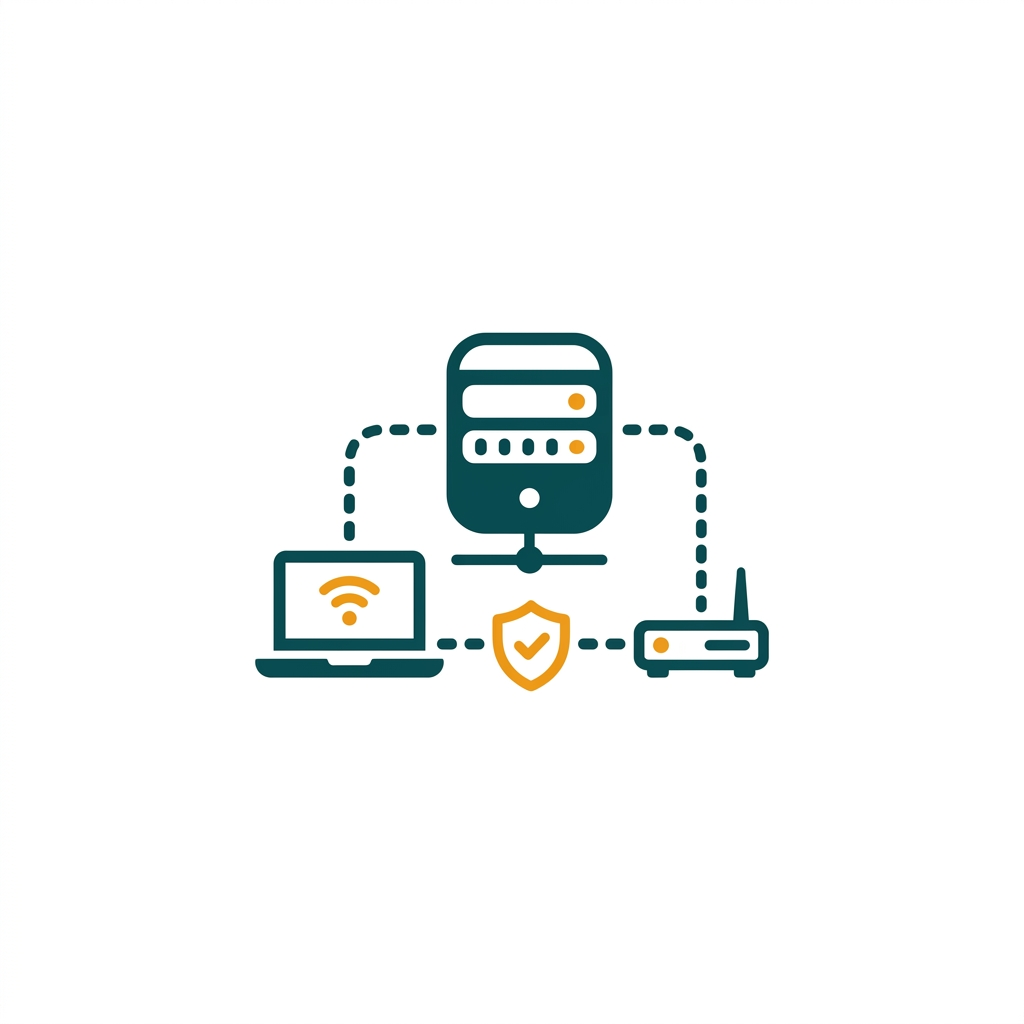 a stylized network diagram showing a laptop securely connecting to a central server