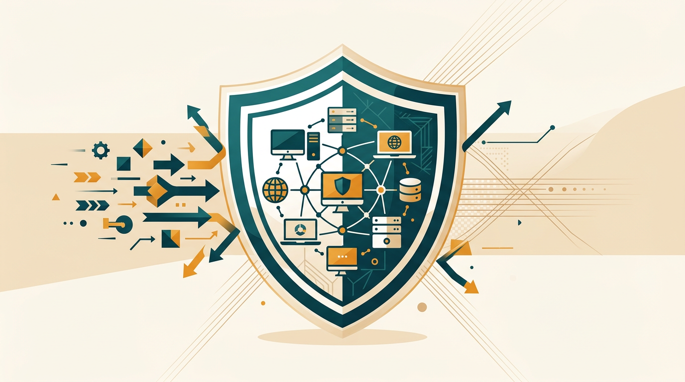 an abstract illustration of a digital shield protecting a network of interconnected computer systems from external threats, clean and professional look