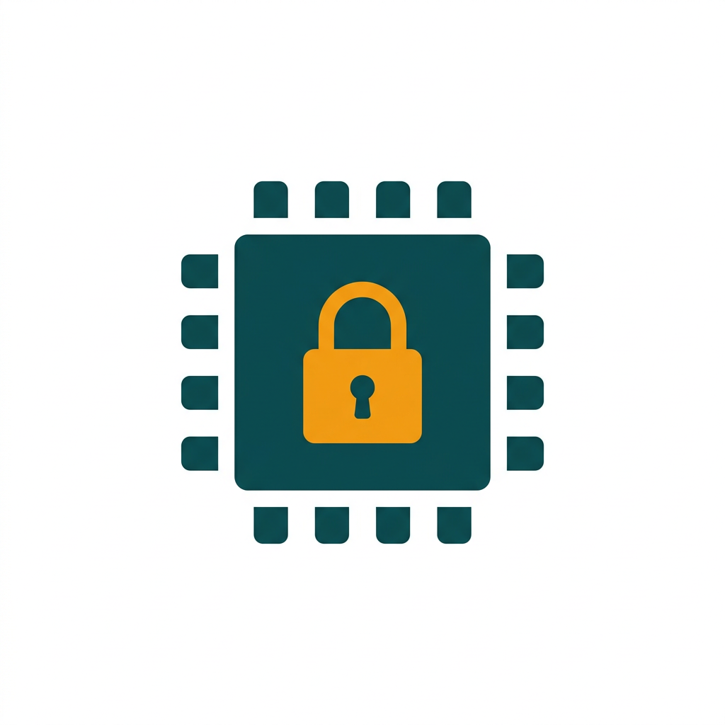 a simple padlock icon inside a computer chip, symbolizing hardware-level security