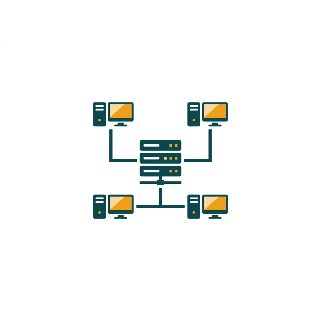 a network diagram with multiple connected workstations and a central server icon
