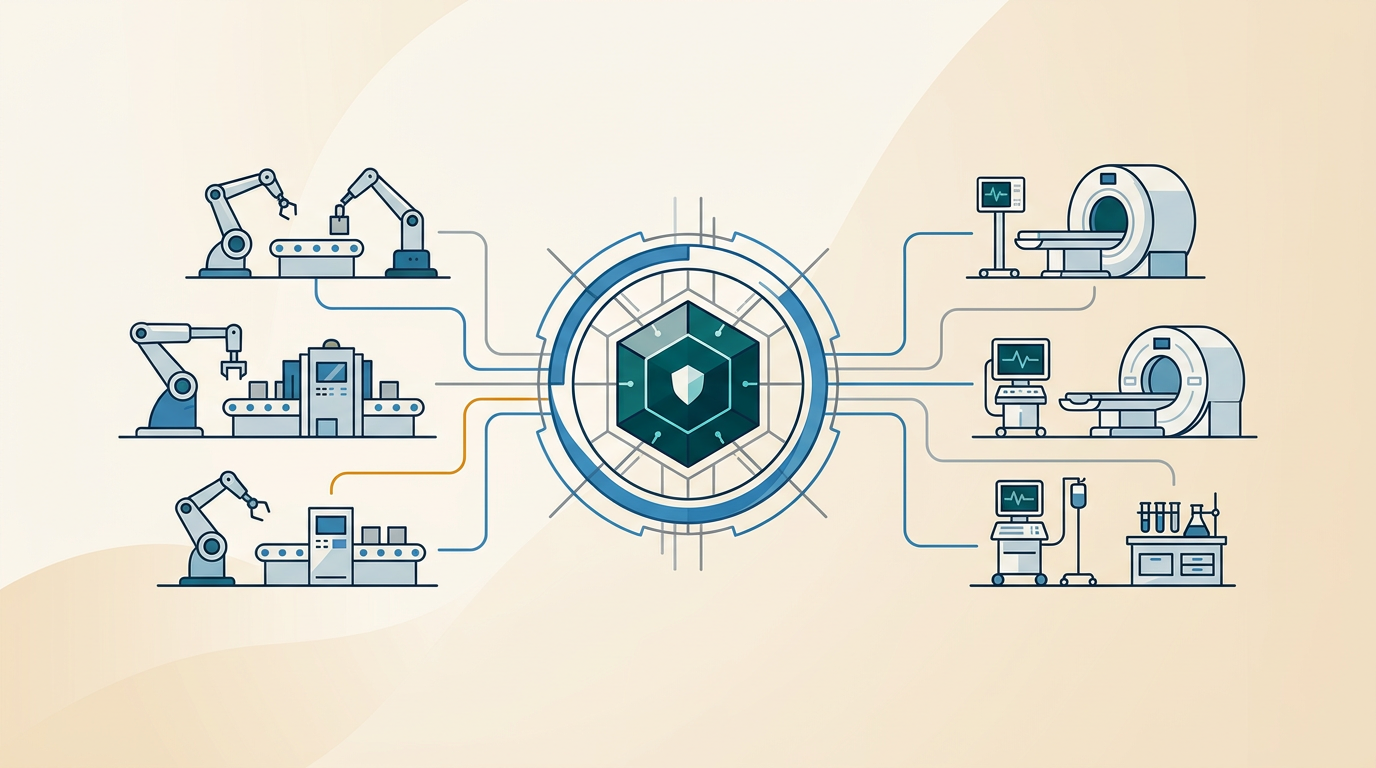 a schematic diagram showing a secure, stable computer core connected to various industrial and medical devices, clean blue and grey tones, abstract representation