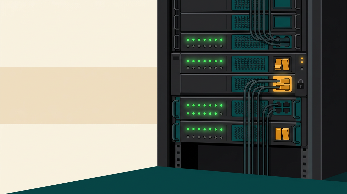 a close-up of a server rack with glowing green status lights, indicating stable and secure operation, dark and professional aesthetic