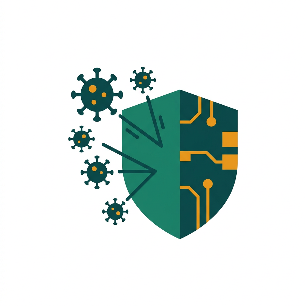 a digital shield deflecting abstract virus icons