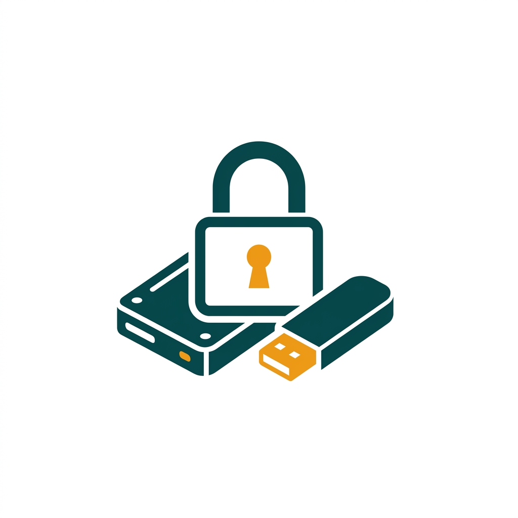 a padlock icon on a hard drive and a USB stick