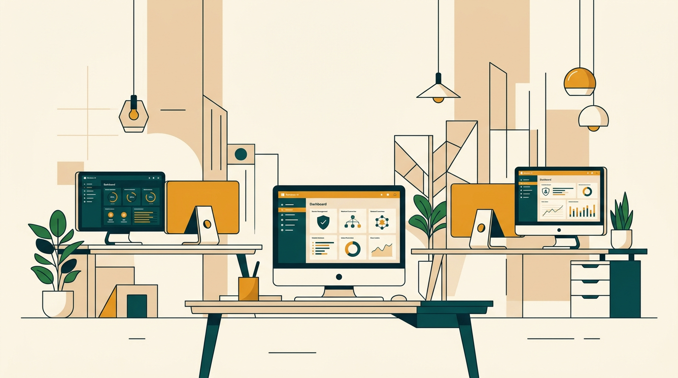 a clean and modern office environment with multiple computer screens displaying the Windows 10 Enterprise desktop interface, focused on security and management dashboards