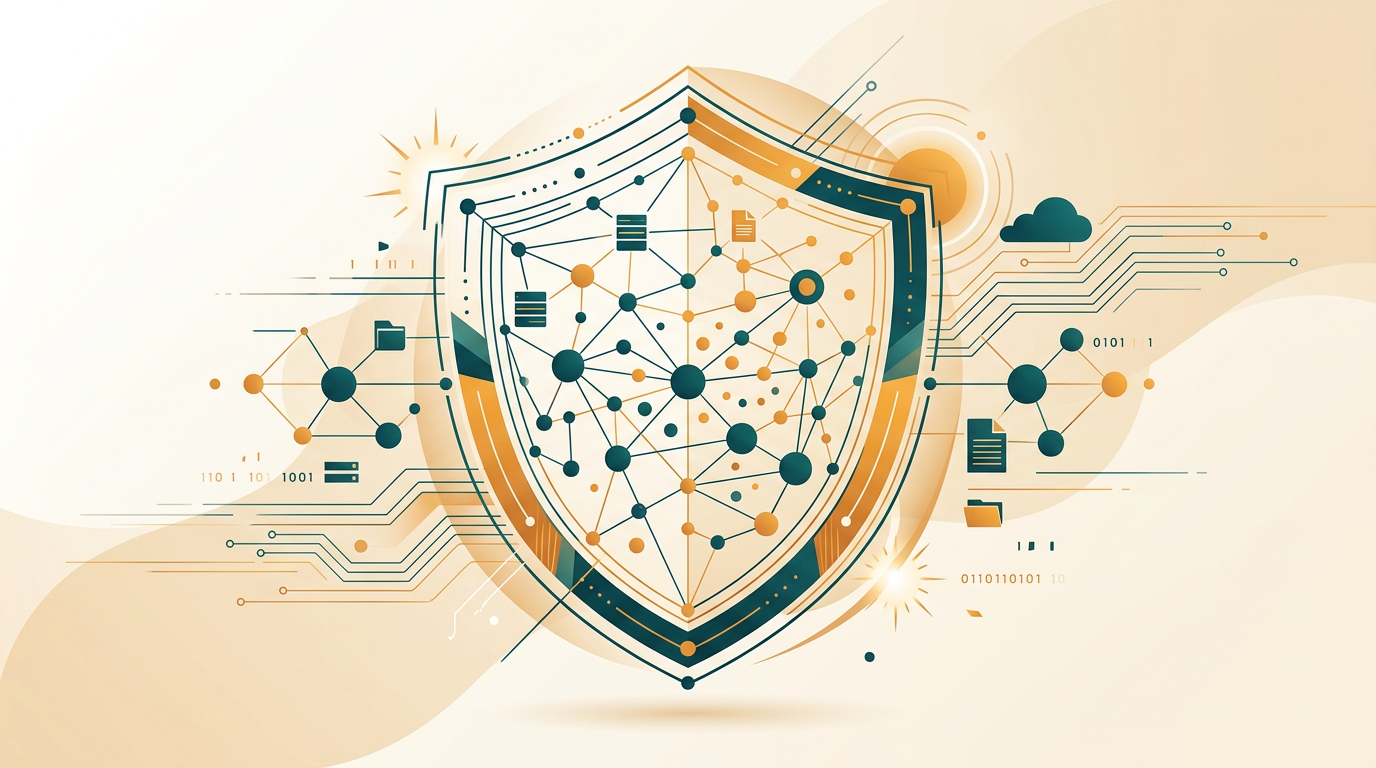 an abstract digital illustration of a complex network shield protecting interconnected data points, representing advanced corporate security and data integrity