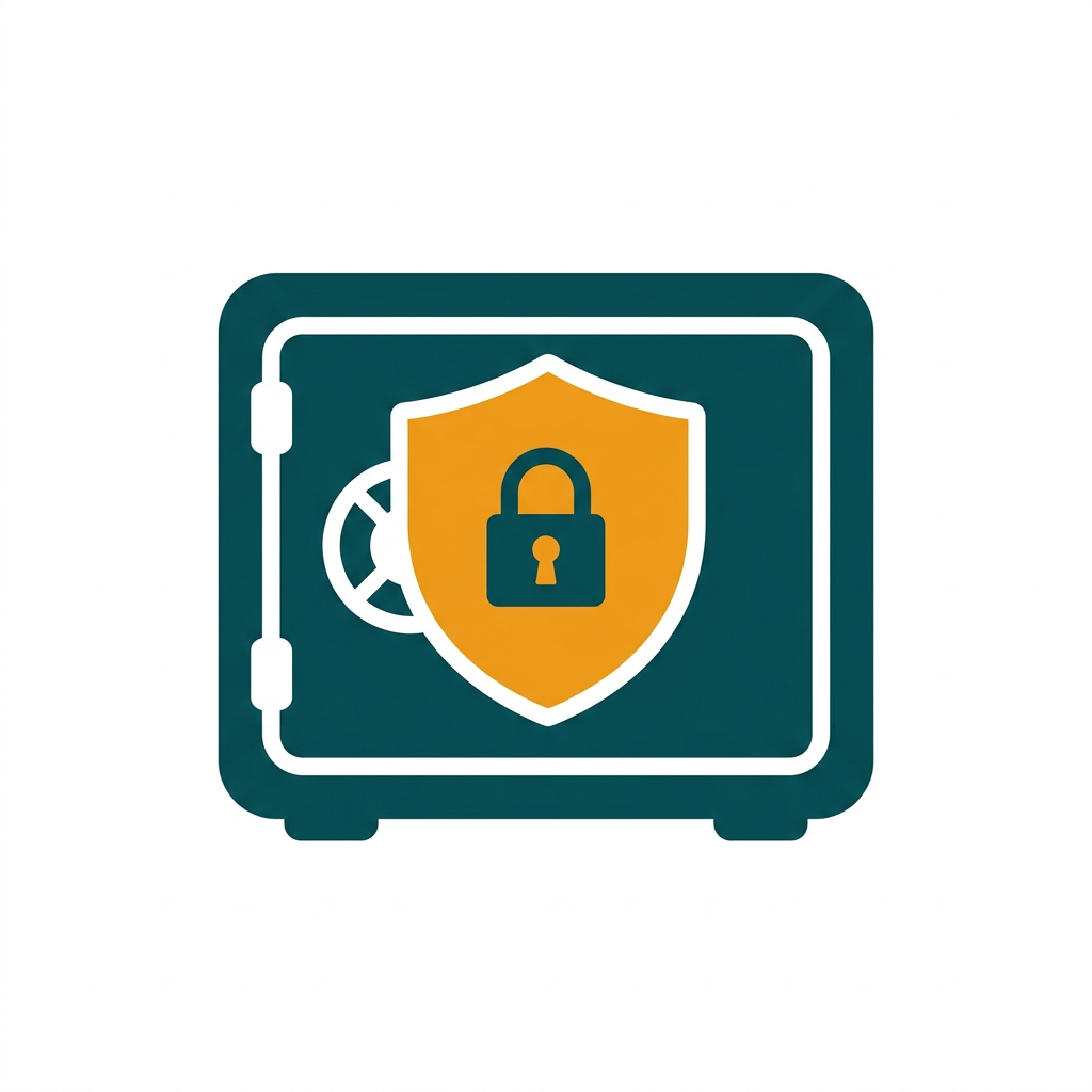 a digital vault icon with a shield overlay, representing secure credential storage