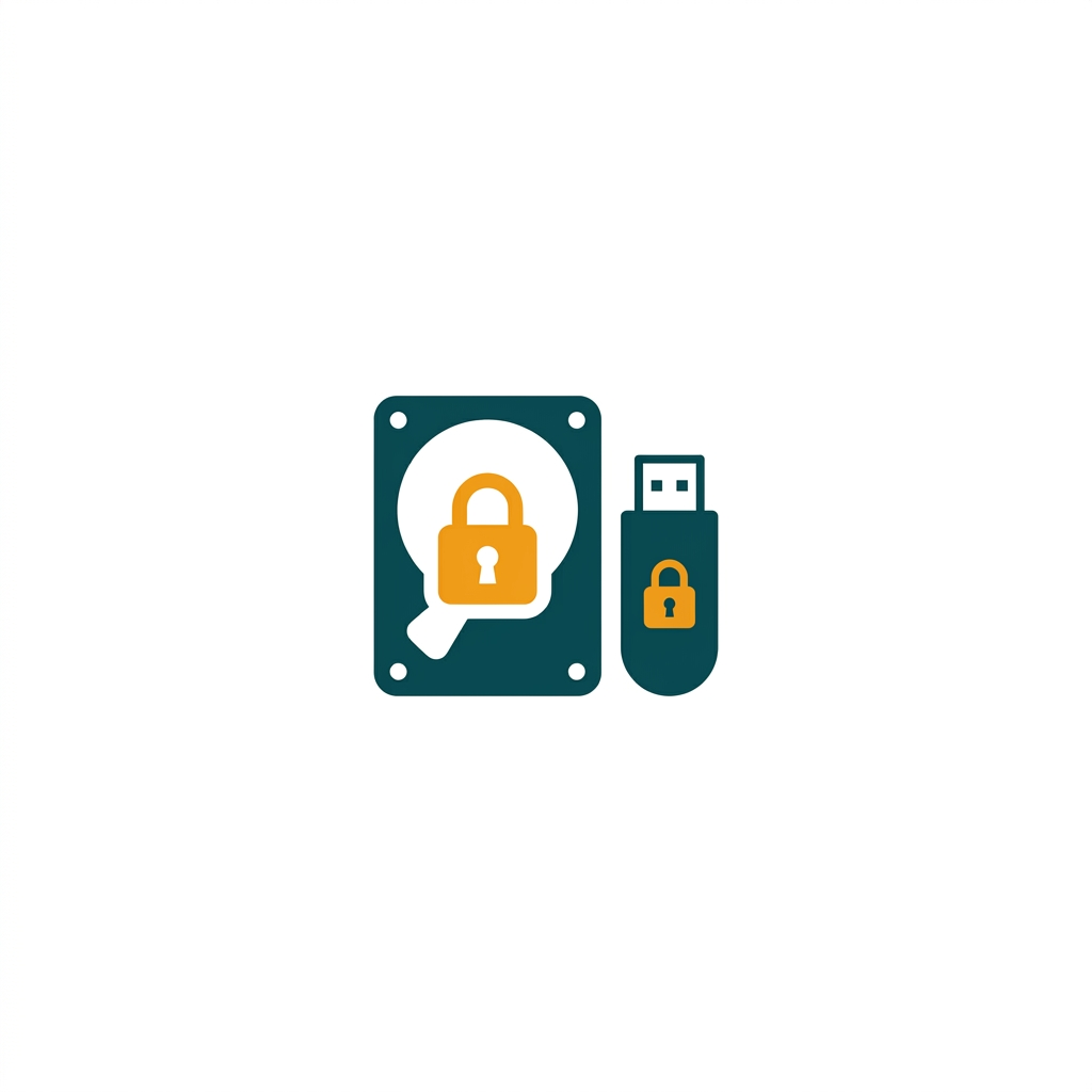 a hard drive and a USB drive, both with a lock symbol, indicating full disk encryption