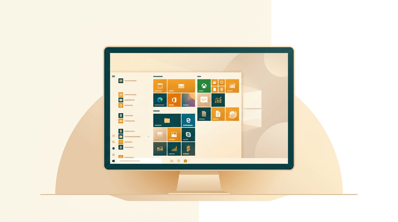 a clean and modern desktop computer screen showing the Windows 10 home interface with the start menu open, soft ambient lighting, editorial style