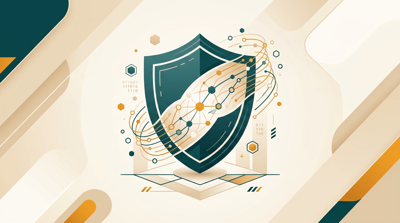 an abstract illustration of a digital shield icon protecting a network of interconnected data points, conveying security and data protection