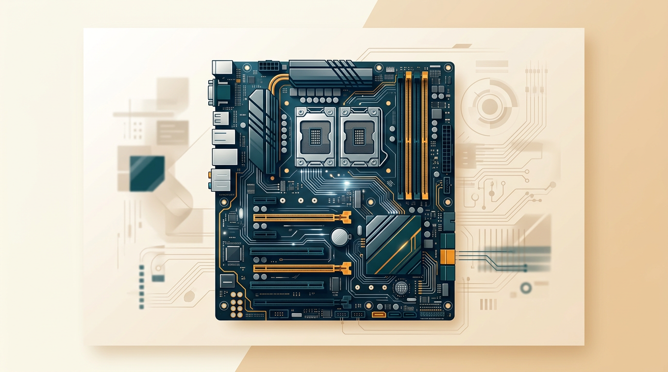 a detailed schematic of a high-performance computer motherboard with glowing data paths, dark blue and silver tones, abstract technical background