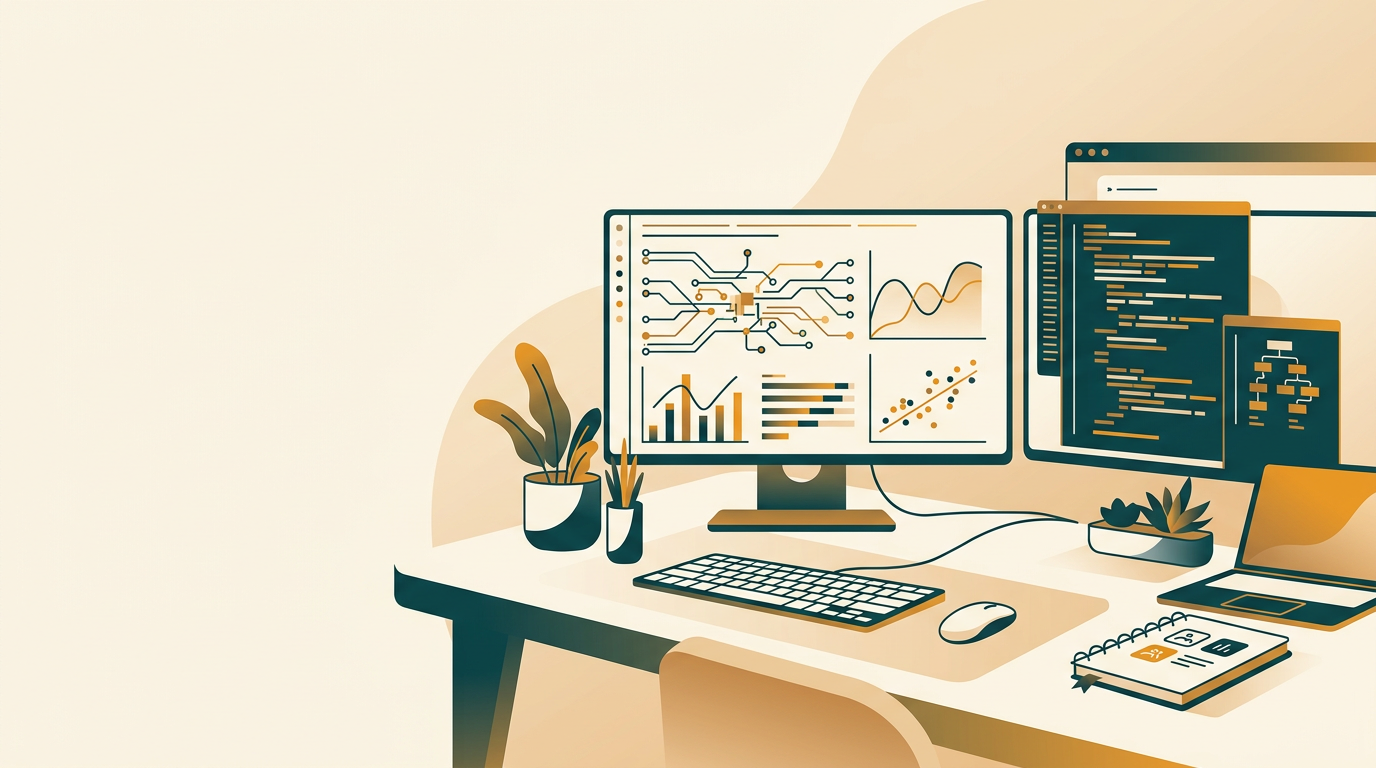 a data scientist's desk with multiple monitors displaying complex data visualizations and code, clean and professional setting
