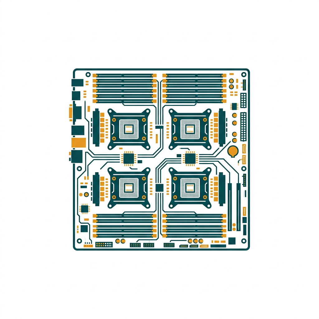a simplified diagram of a multi-CPU motherboard with four processor sockets and multiple RAM slots