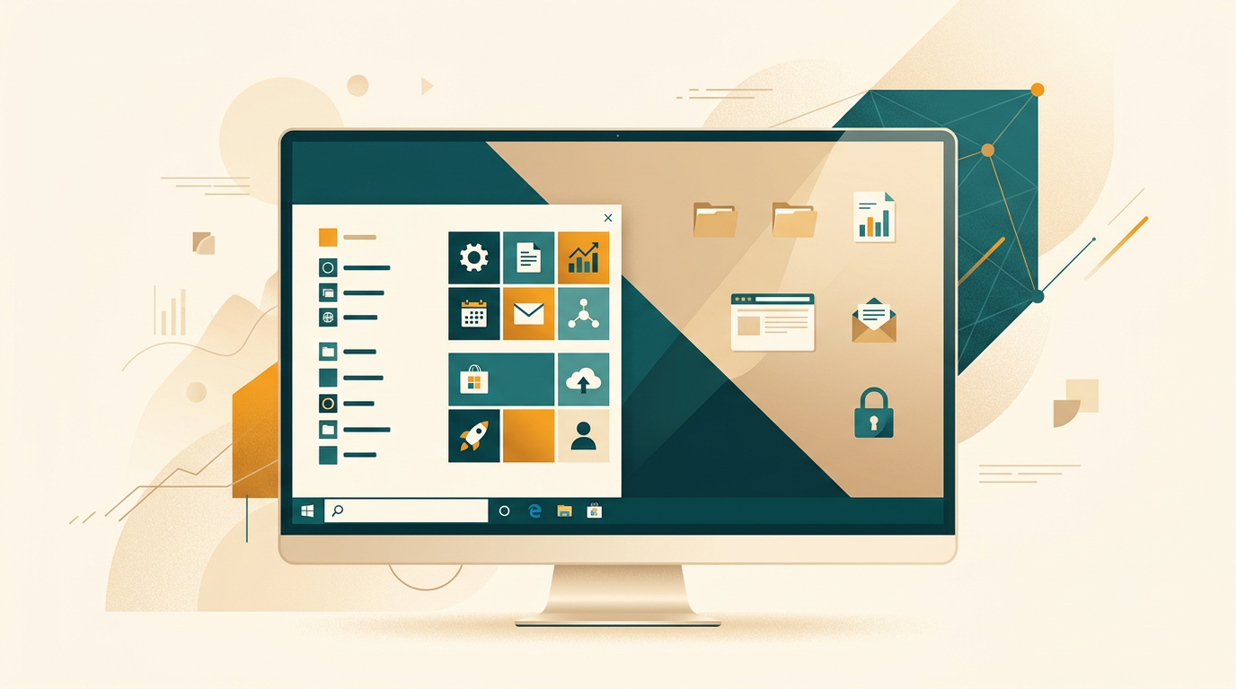a clean and professional desktop screen of a windows 10 professional operating system, showing the start menu and icons for business applications, editorial style illustration