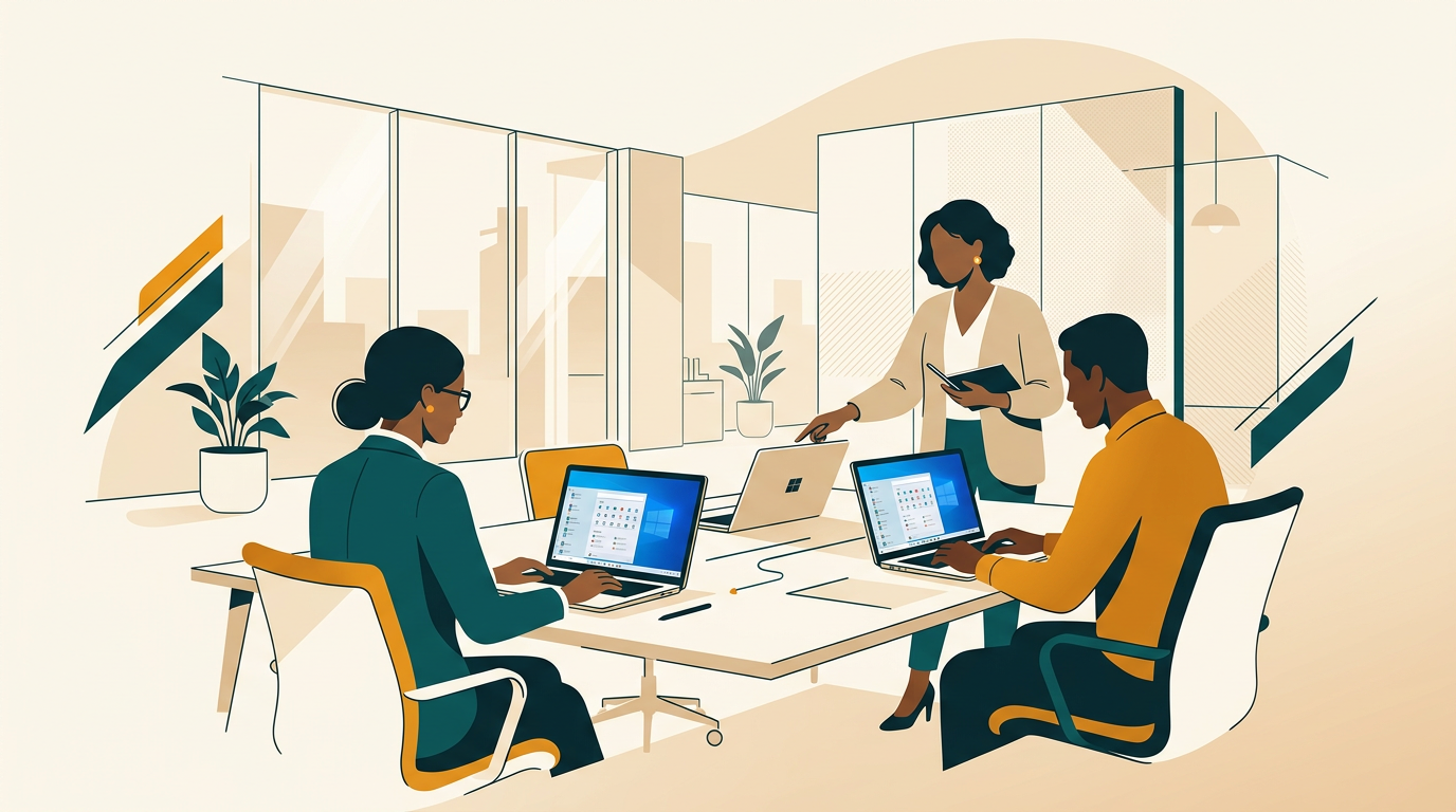 a diverse group of professionals working in a modern open-plan office, each on a laptop running a clean windows 10 professional interface, soft and collaborative atmosphere
