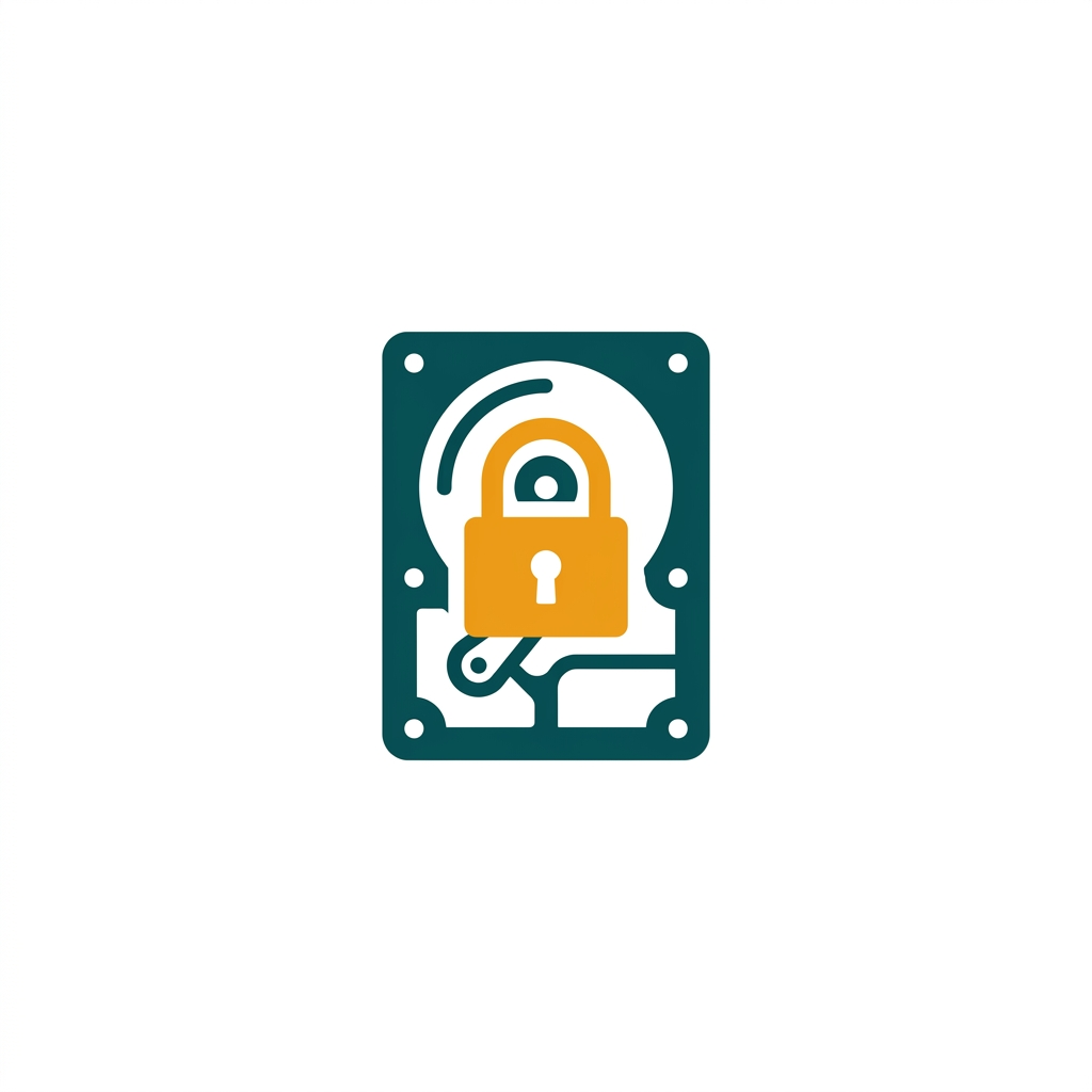 a stylized golden padlock icon on a digital hard drive, representing encryption