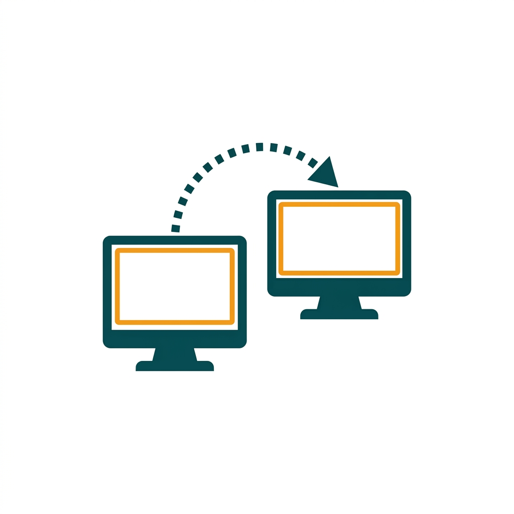a computer screen connected to another computer screen via a dotted line arrow