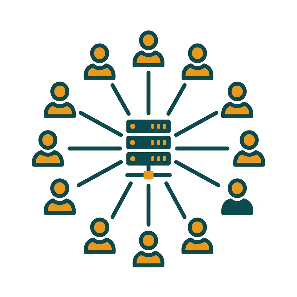 a simple diagram of a central server connecting to multiple user icons