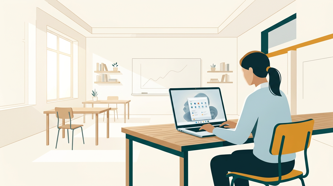 a bright, clean modern classroom with a student working on a laptop that shows the minimalist user interface of Windows 11, soft natural light