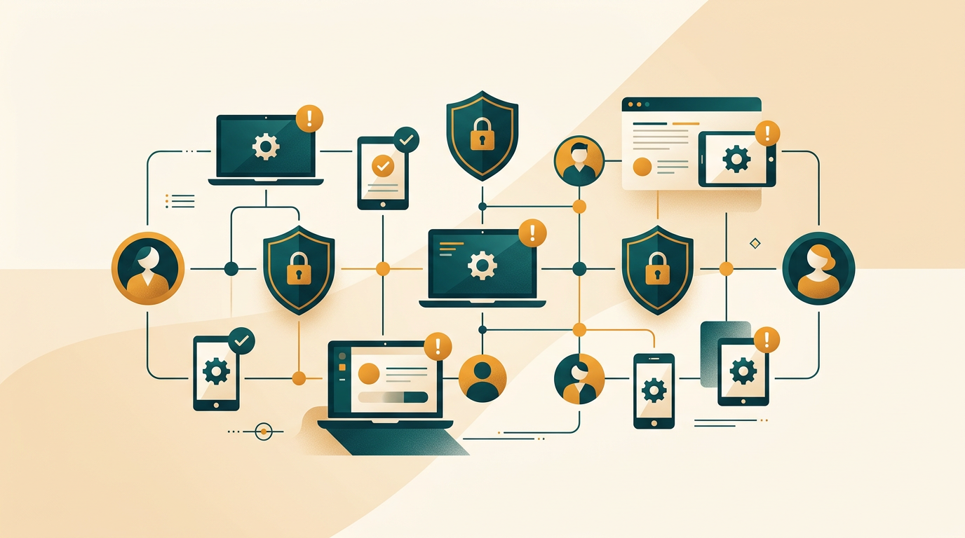 an abstract digital interface showing device management icons, user profiles, and security shields interconnected in a network, representing IT administration
