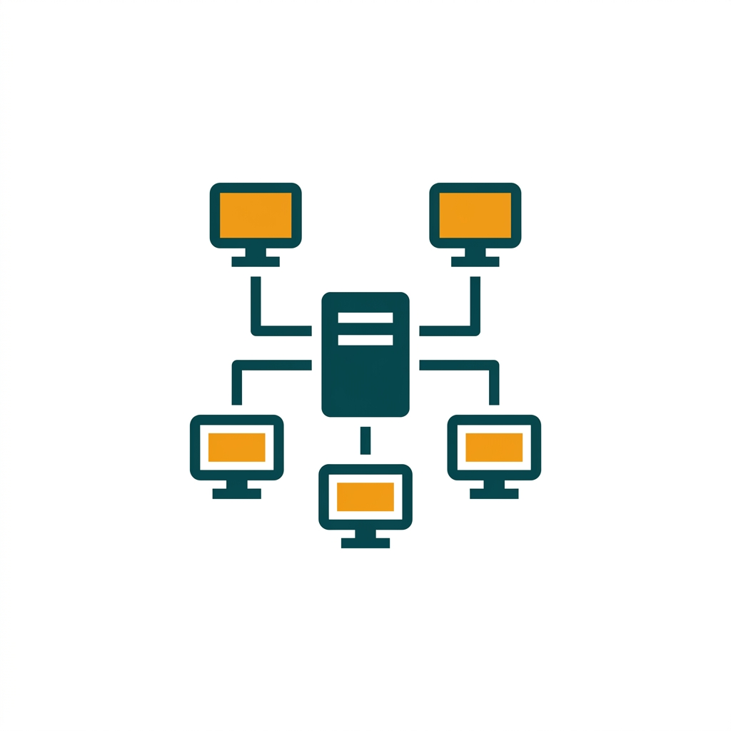 a network diagram showing a central server connected to multiple client computers
