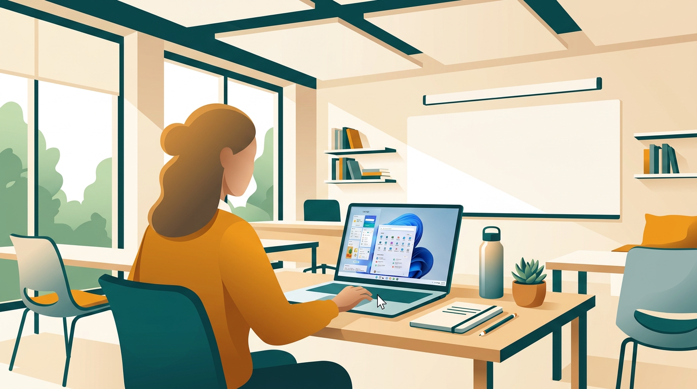 a bright, modern classroom setting with a student using a laptop that displays the clean Windows 11 user interface, soft natural light