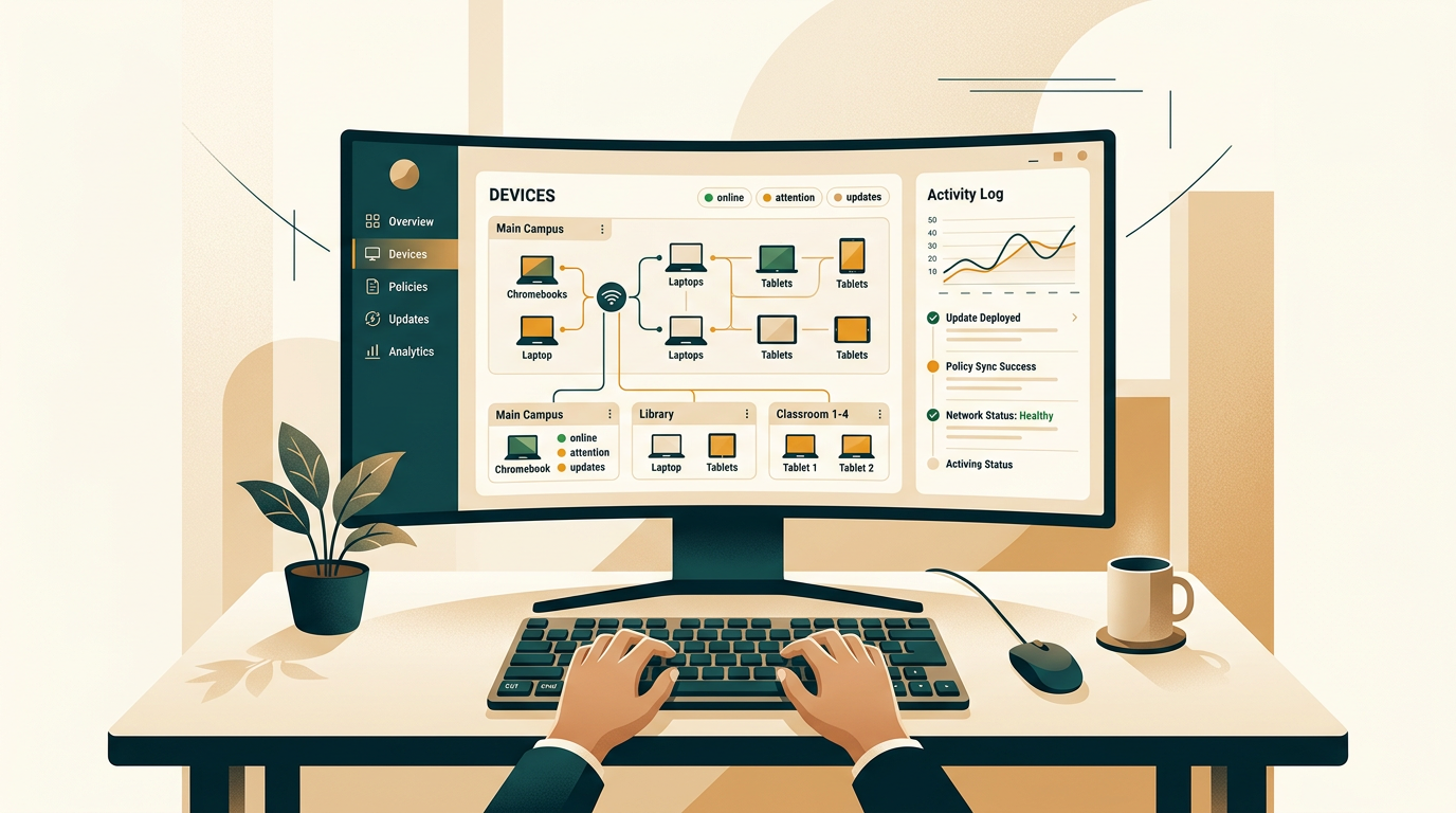 an IT administrator's hands on a keyboard, with a large monitor displaying a clean management dashboard for multiple educational devices