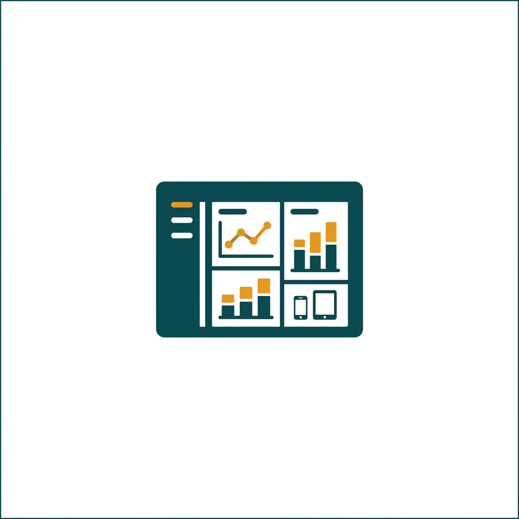 a simplified dashboard with charts and device icons, representing management