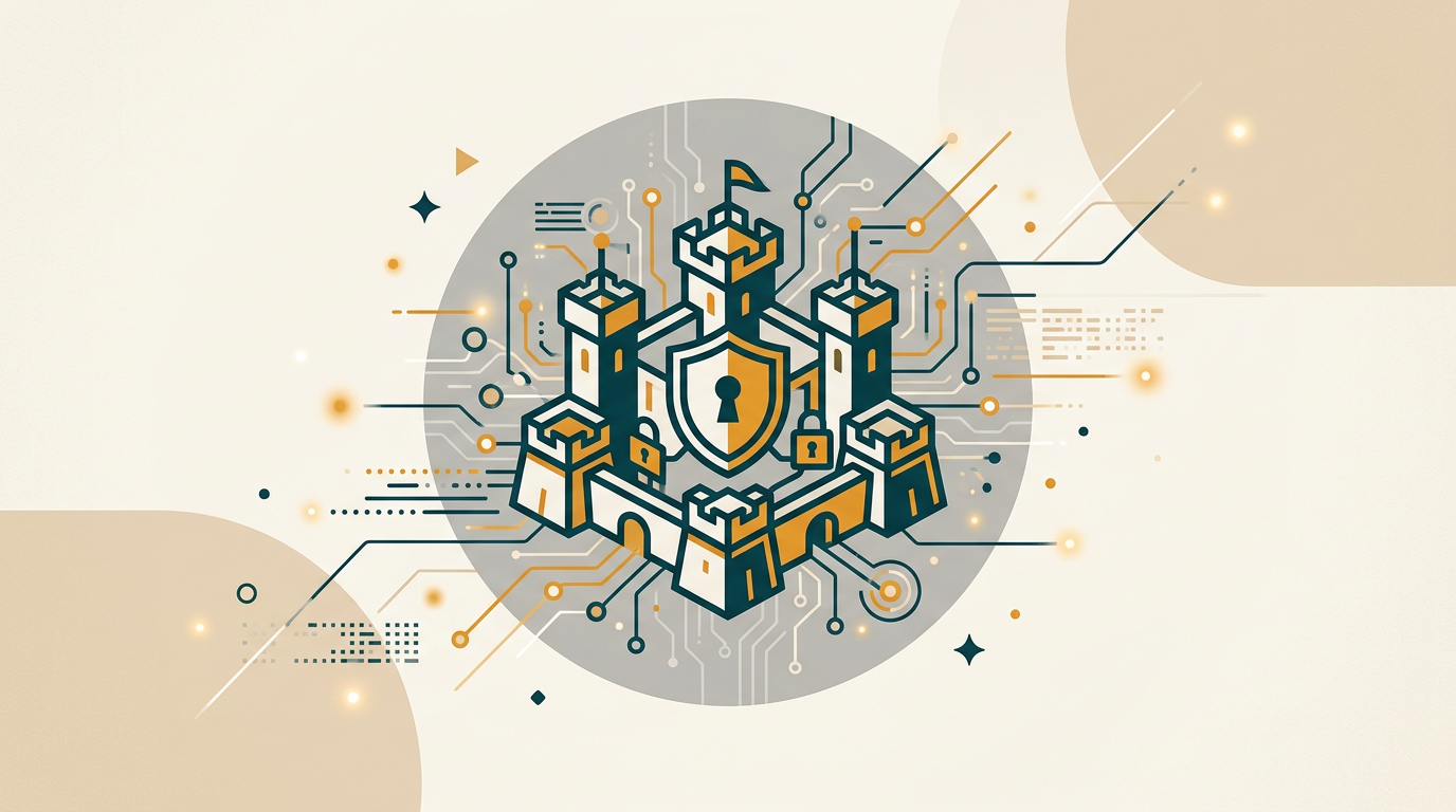 an abstract digital fortress icon, symbolizing robust IT security and system control, clean lines on a neutral gray background