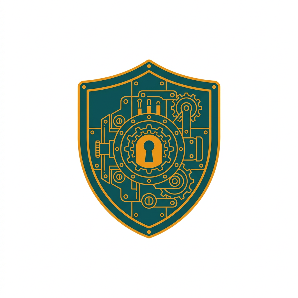a solid steel shield icon with intricate locking mechanisms visible on its surface