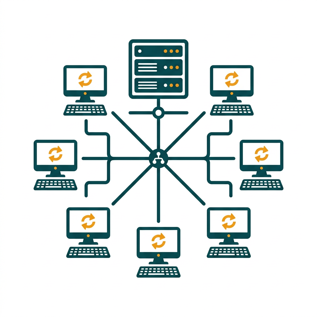 a diagram showing a central server managing multiple connected workstations