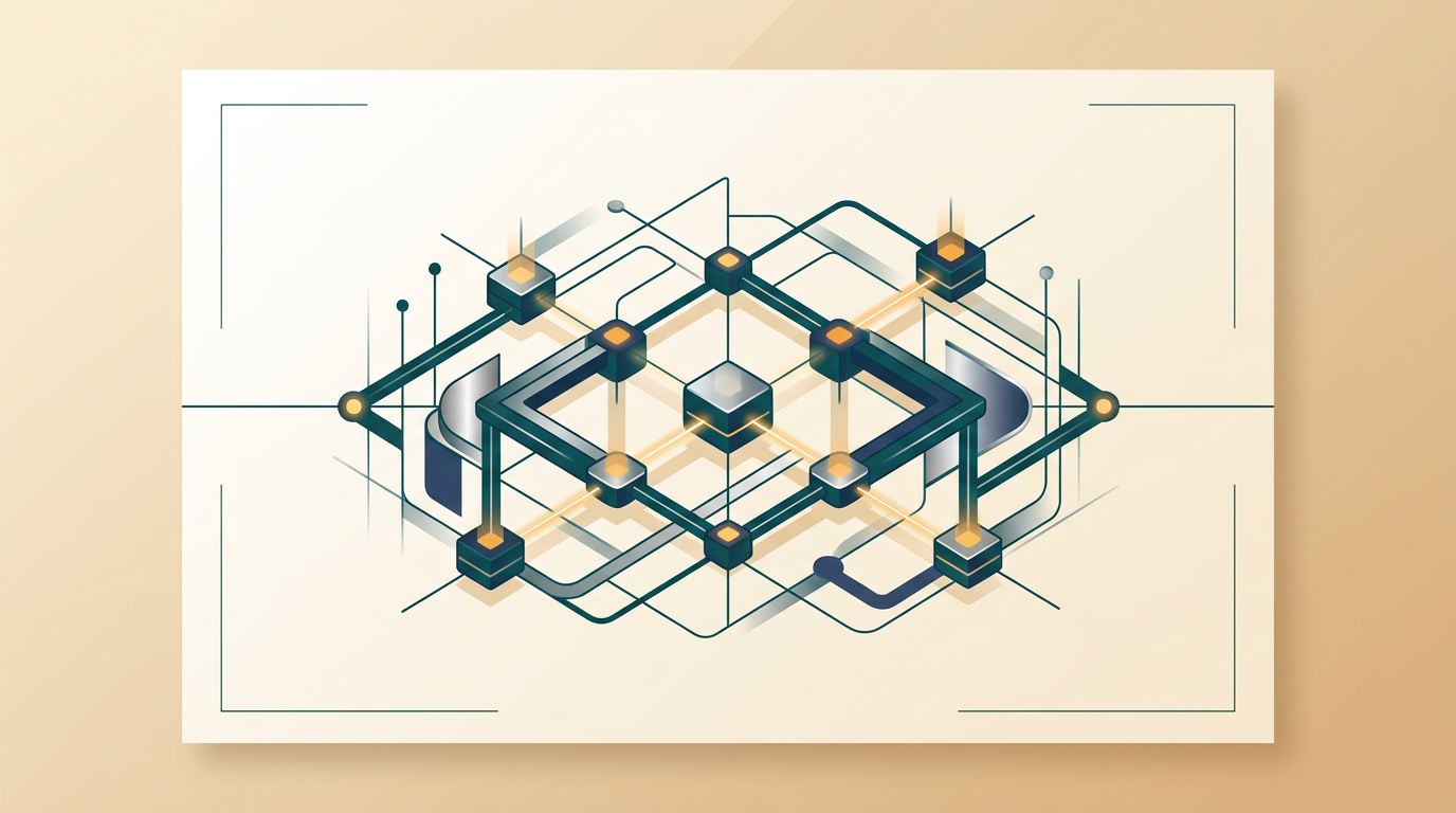 a secure, abstract digital network with glowing nodes and lines, representing a stable corporate IT infrastructure, dark blue and silver tones