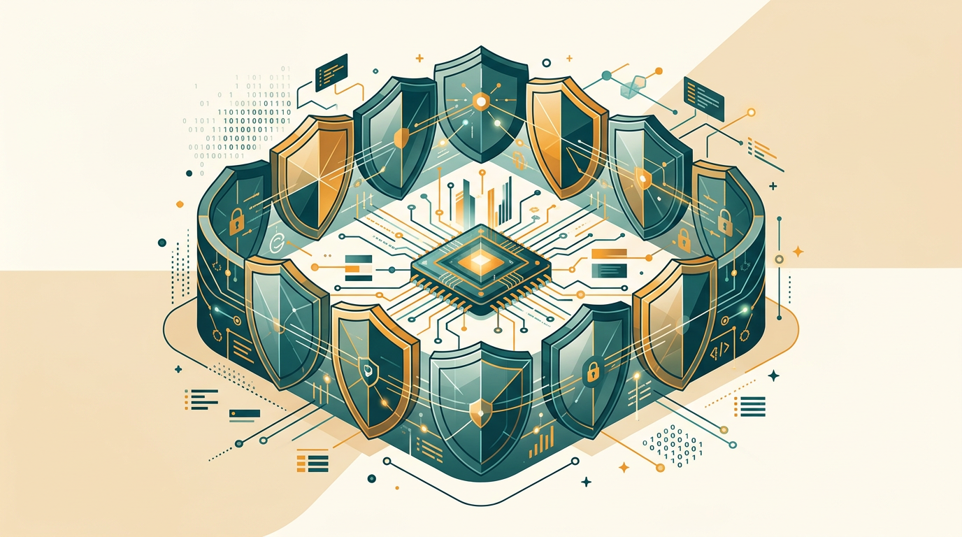 an abstract visualization of data security, showing interconnected digital shields forming a protective barrier around a central core processor, clean and professional look