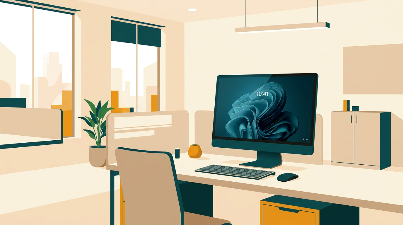 a clean, modern corporate office environment with a desktop computer showing the Windows 11 Enterprise lock screen, emphasizing security and professionalism