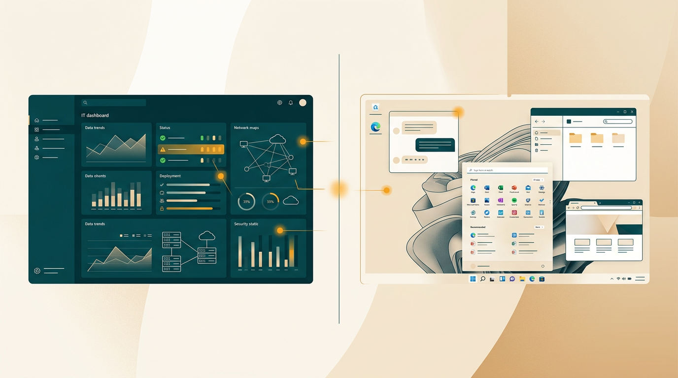 a split-screen view showing an IT administrator's dashboard on one side and an end-user's clean Windows 11 Enterprise desktop on the other