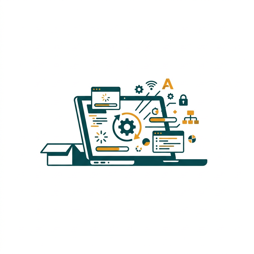 an animation of a new laptop automatically configuring itself out of the box with corporate settings