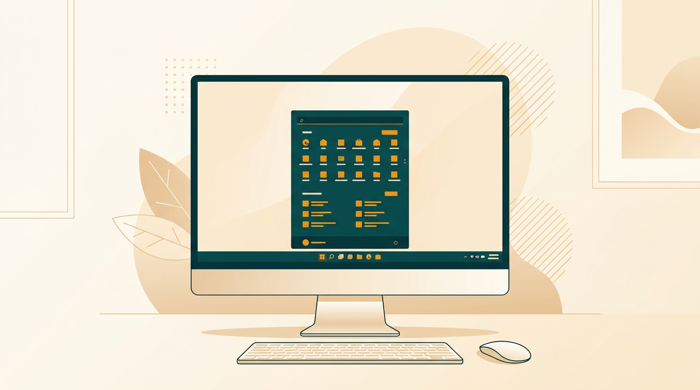 a clean, modern desktop computer screen showing the Windows 11 Home start menu and centered taskbar, with a soft, minimalist background environment